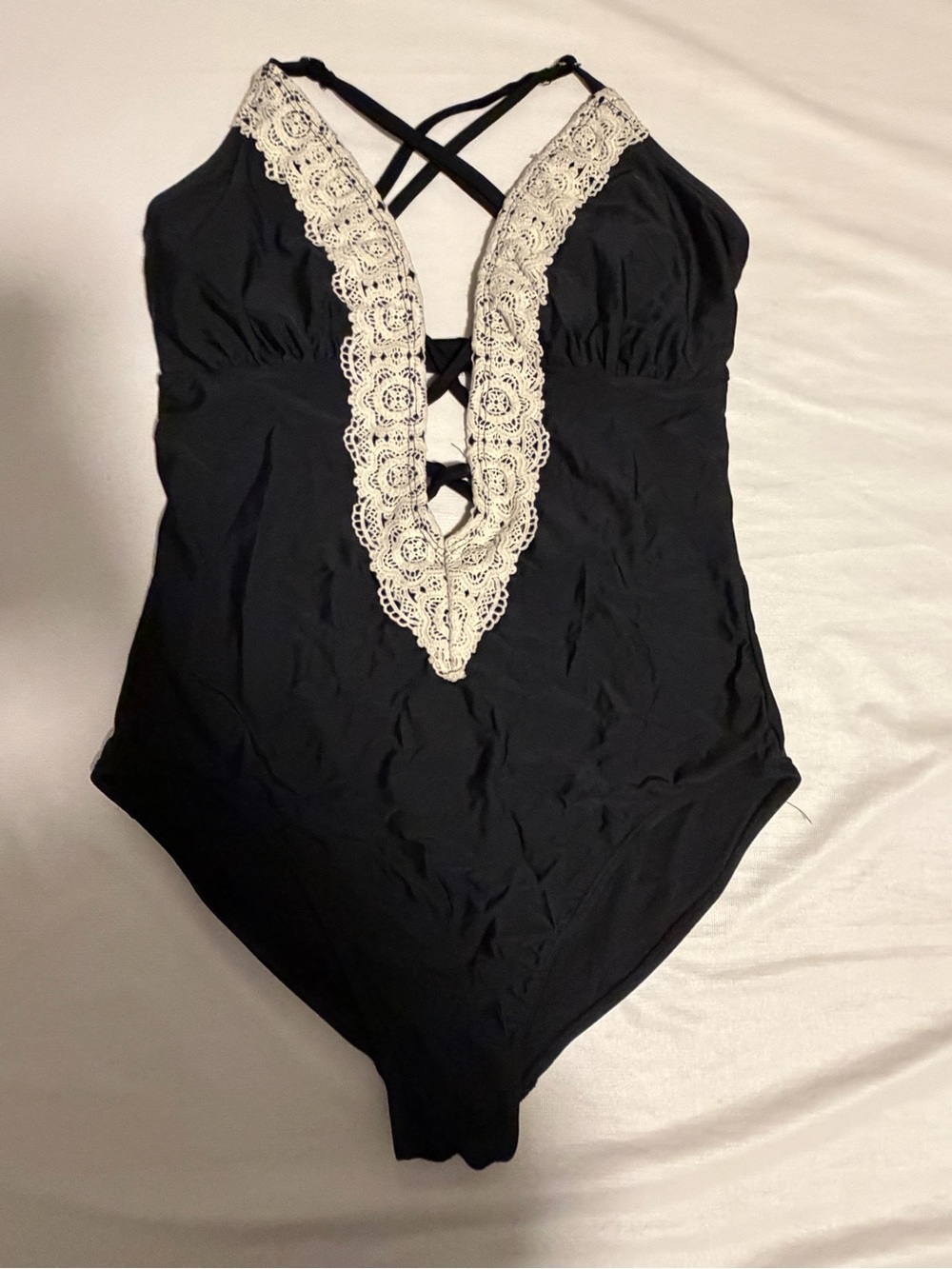 Women’s Black One Piece Swim Suit with Plunging Neckline & Lace Detail